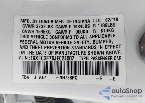 2018 Honda Civic Ex from USA, damaged, VIN 19XFC2F76JE024507
